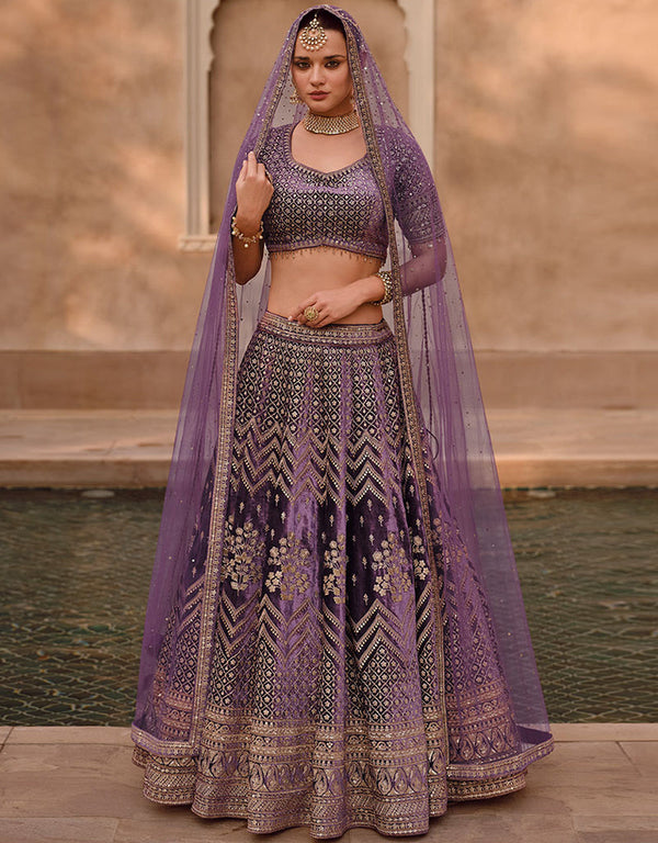Heavy Designer Wedding Wear Lehenga Choli Purple Pure Viscose Lycra Crystal Silk Lehenga Choli Front View